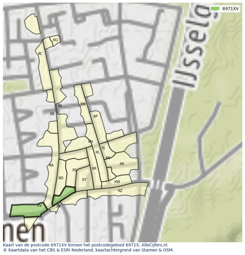 Afbeelding van het postcodegebied 6971 XV op de kaart.