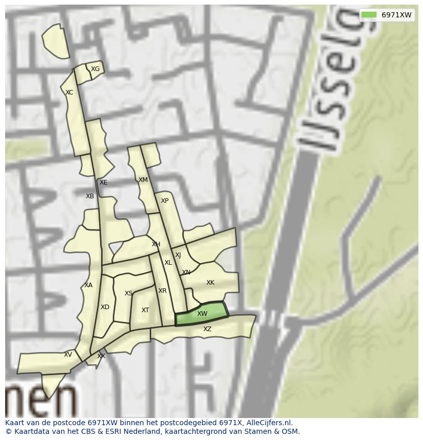 Afbeelding van het postcodegebied 6971 XW op de kaart.