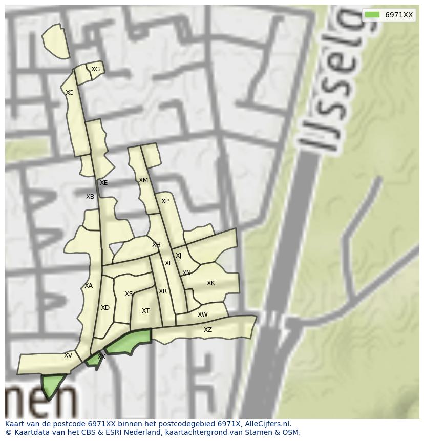 Afbeelding van het postcodegebied 6971 XX op de kaart.