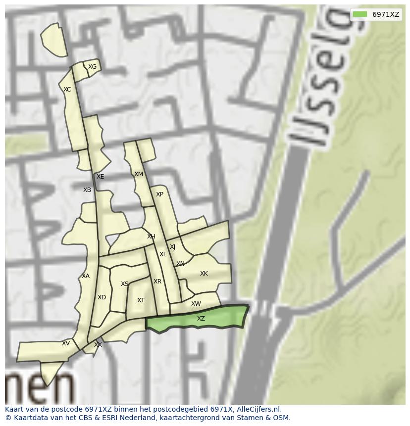 Afbeelding van het postcodegebied 6971 XZ op de kaart.