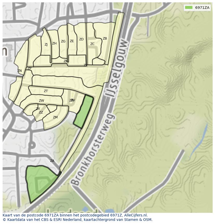 Afbeelding van het postcodegebied 6971 ZA op de kaart.