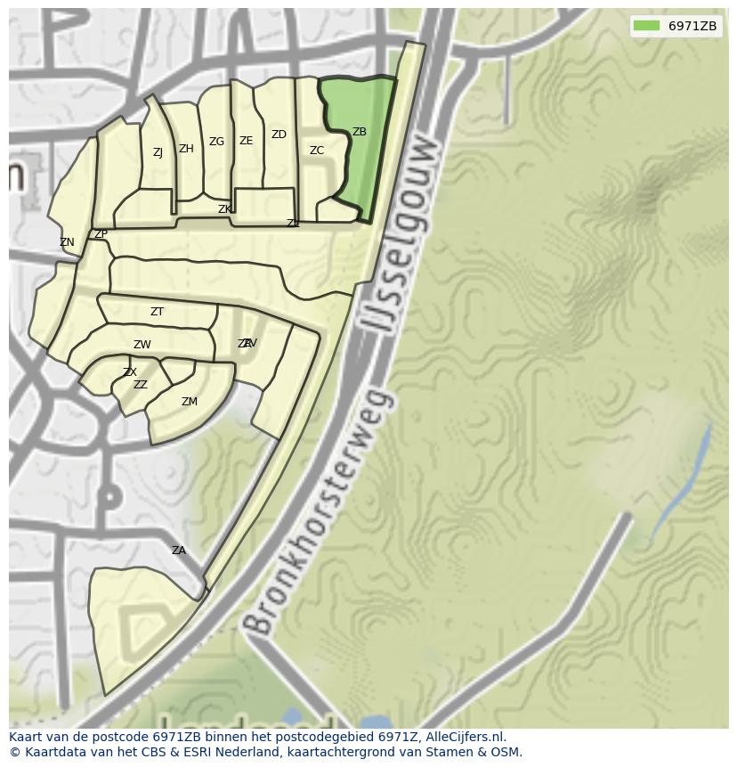 Afbeelding van het postcodegebied 6971 ZB op de kaart.