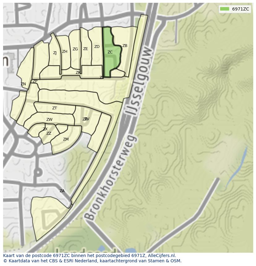 Afbeelding van het postcodegebied 6971 ZC op de kaart.