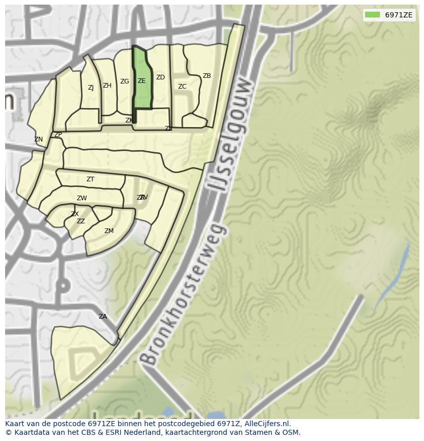 Afbeelding van het postcodegebied 6971 ZE op de kaart.