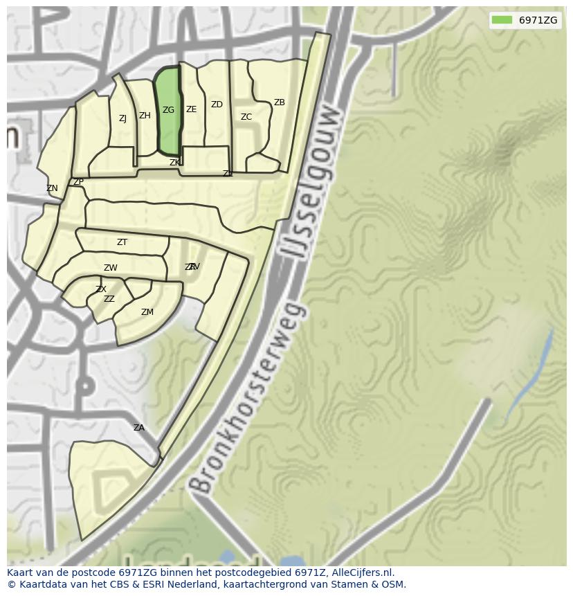 Afbeelding van het postcodegebied 6971 ZG op de kaart.