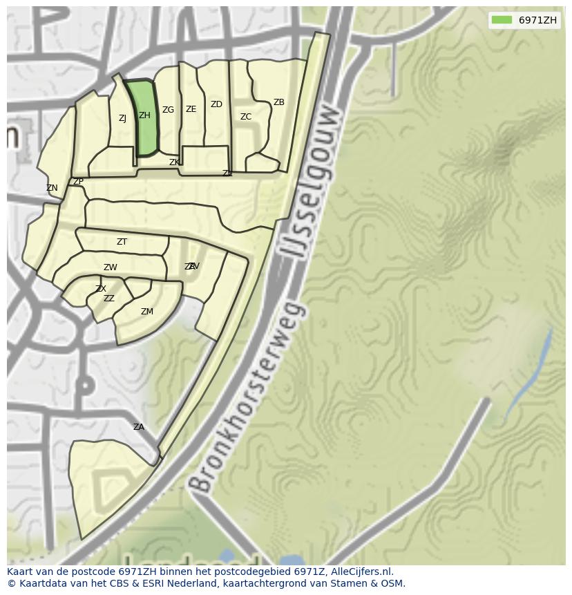 Afbeelding van het postcodegebied 6971 ZH op de kaart.