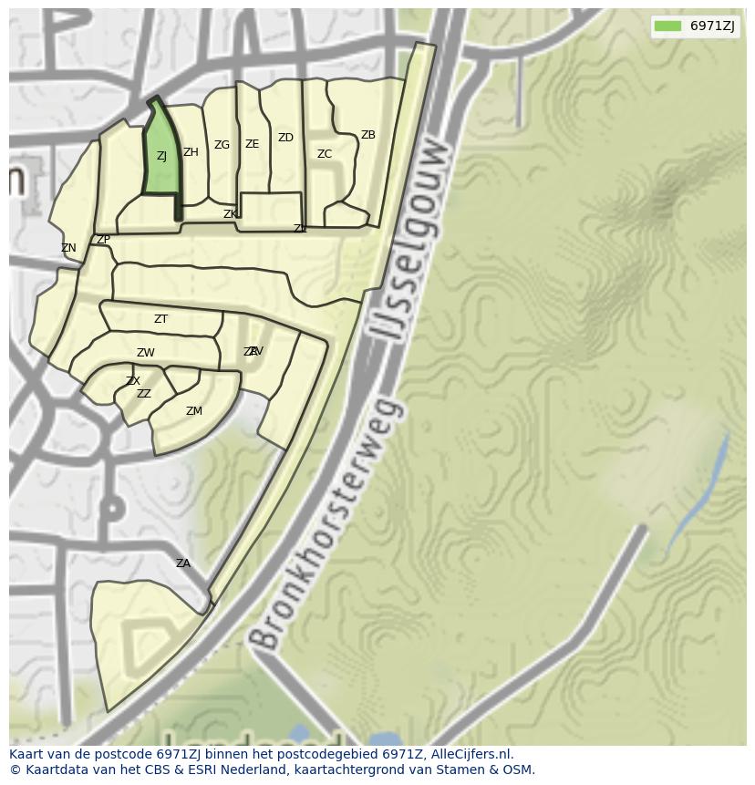Afbeelding van het postcodegebied 6971 ZJ op de kaart.