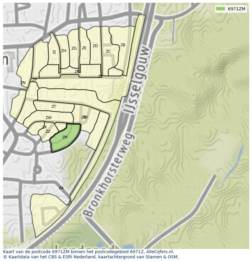 Afbeelding van het postcodegebied 6971 ZM op de kaart.