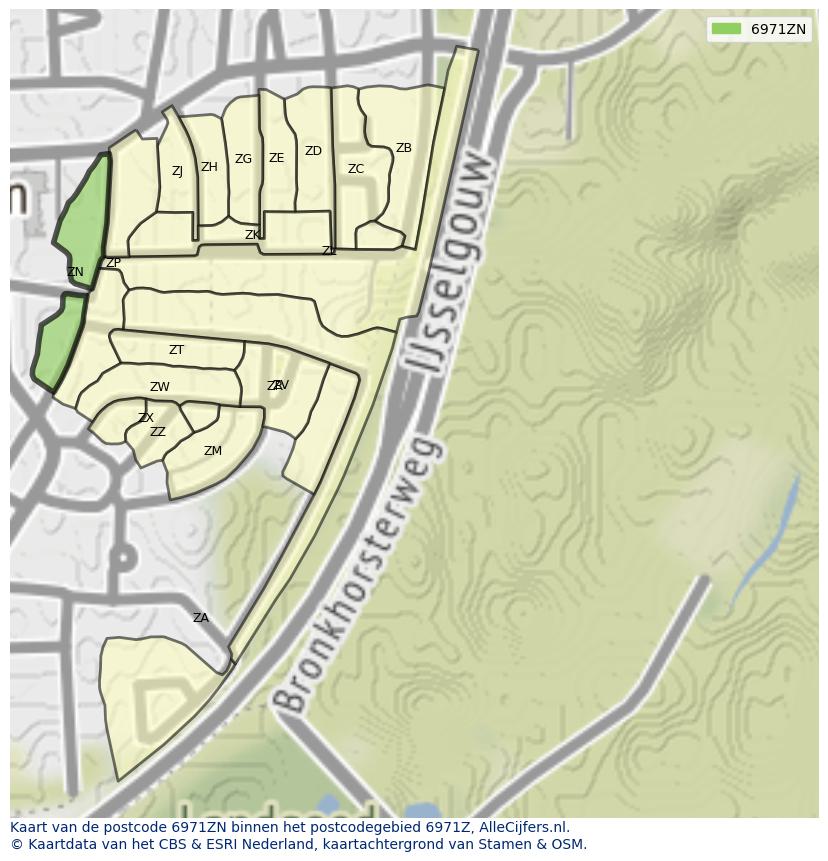 Afbeelding van het postcodegebied 6971 ZN op de kaart.