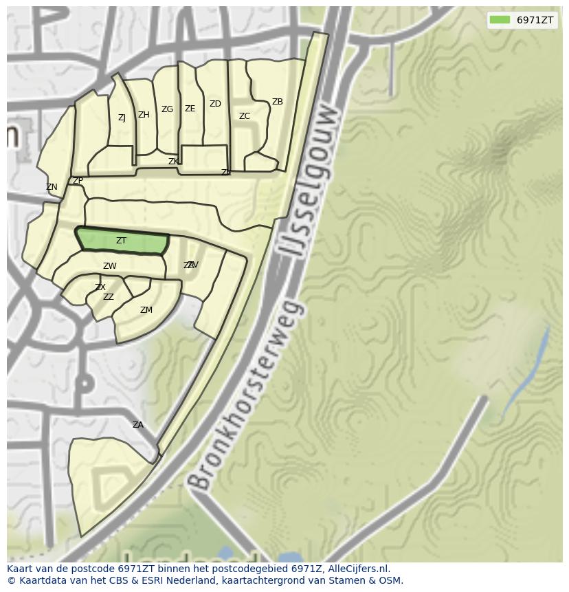Afbeelding van het postcodegebied 6971 ZT op de kaart.