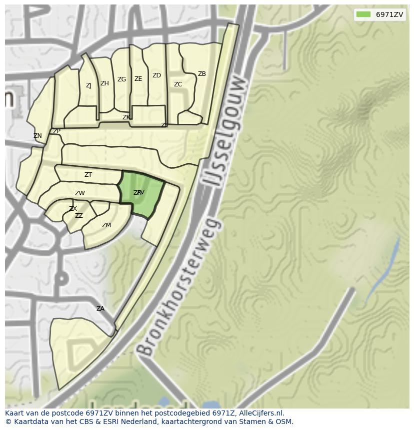 Afbeelding van het postcodegebied 6971 ZV op de kaart.
