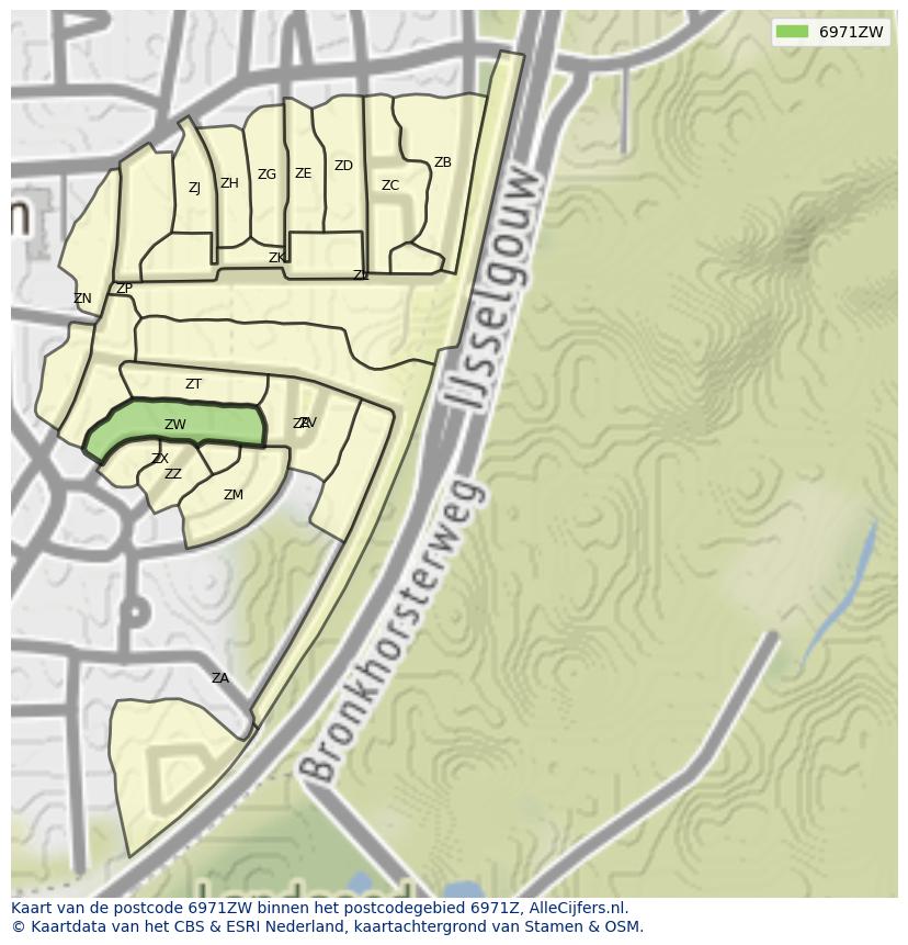 Afbeelding van het postcodegebied 6971 ZW op de kaart.