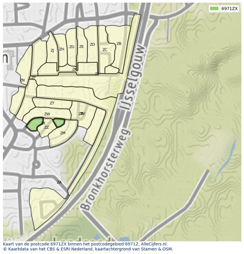 Afbeelding van het postcodegebied 6971 ZX op de kaart.
