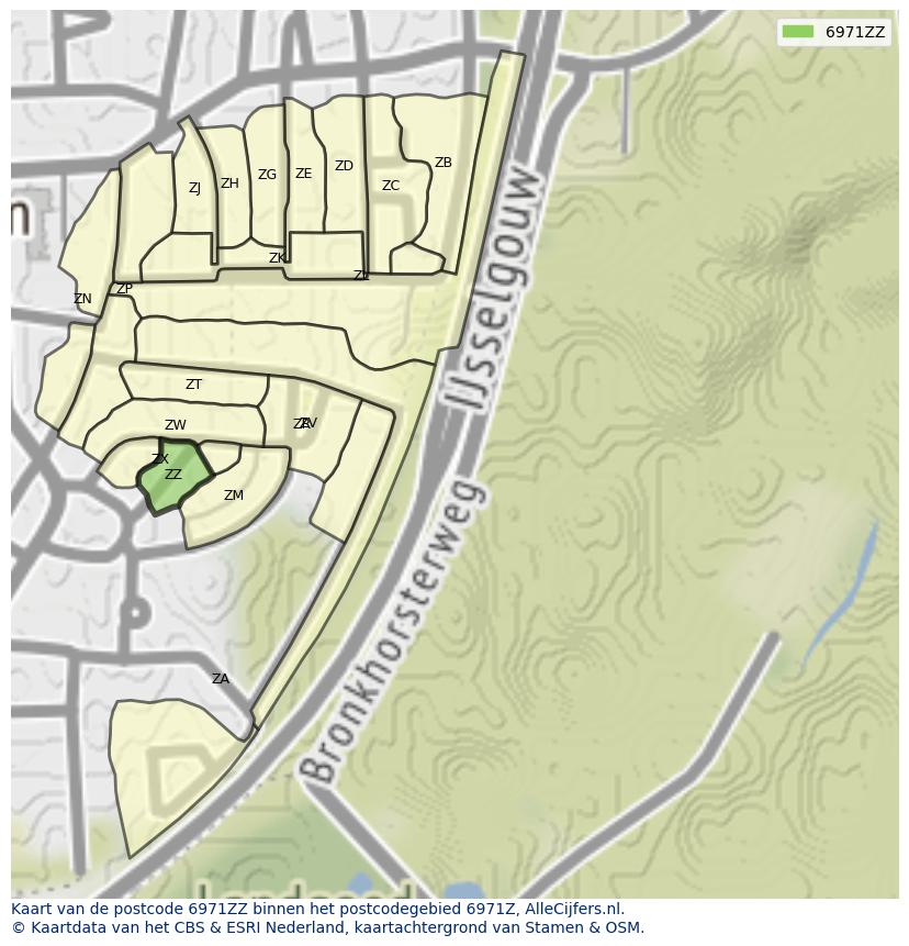 Afbeelding van het postcodegebied 6971 ZZ op de kaart.