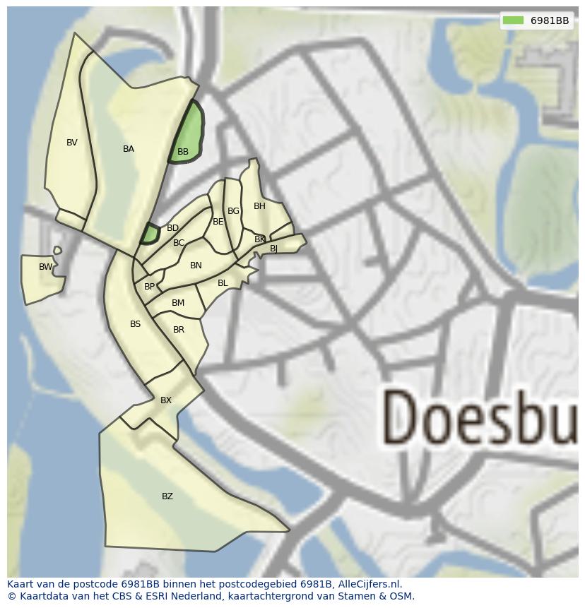 Afbeelding van het postcodegebied 6981 BB op de kaart.
