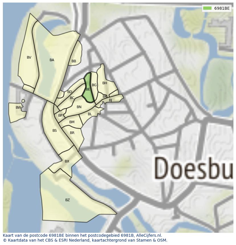 Afbeelding van het postcodegebied 6981 BE op de kaart.