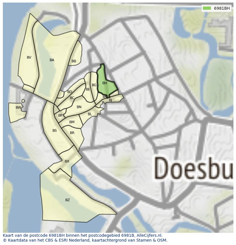 Afbeelding van het postcodegebied 6981 BH op de kaart.