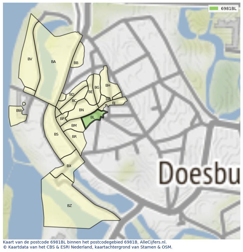 Afbeelding van het postcodegebied 6981 BL op de kaart.