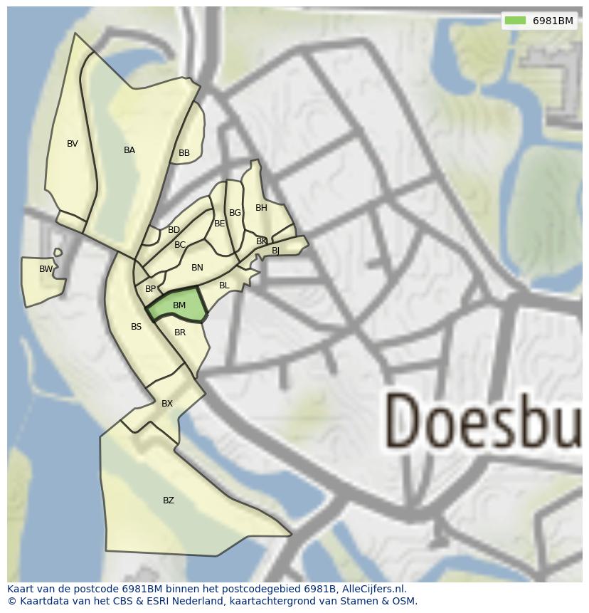 Afbeelding van het postcodegebied 6981 BM op de kaart.