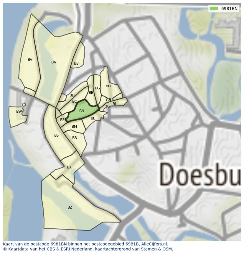 Afbeelding van het postcodegebied 6981 BN op de kaart.