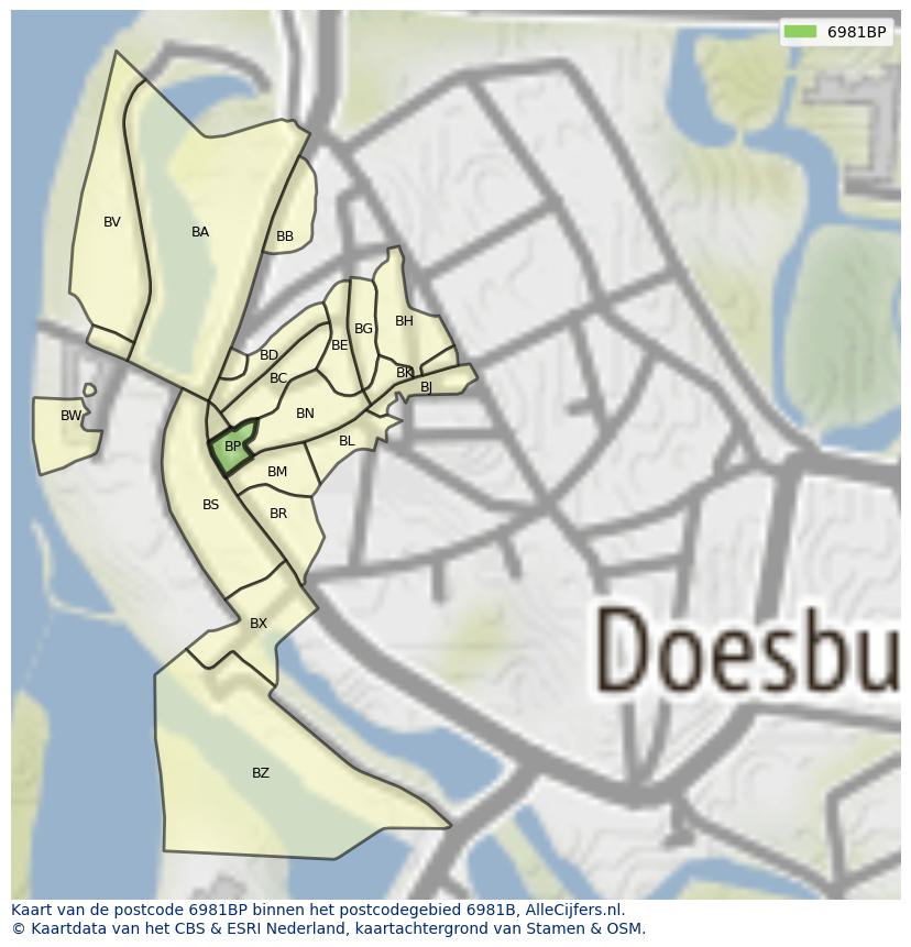 Afbeelding van het postcodegebied 6981 BP op de kaart.