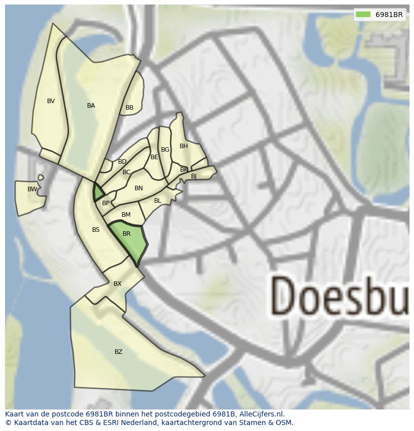 Afbeelding van het postcodegebied 6981 BR op de kaart.