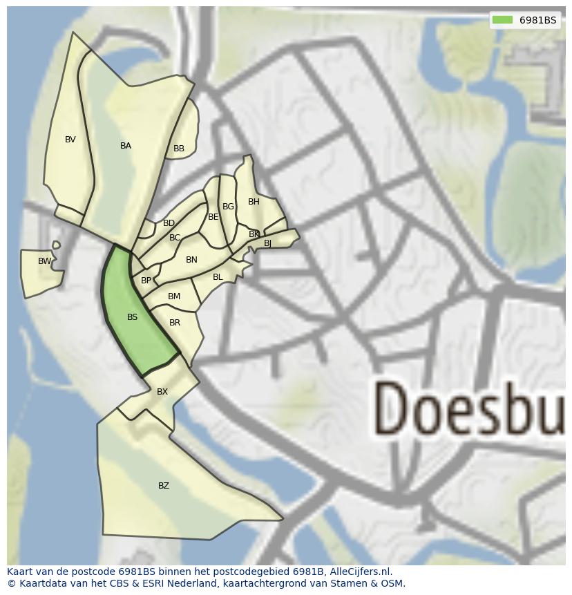 Afbeelding van het postcodegebied 6981 BS op de kaart.