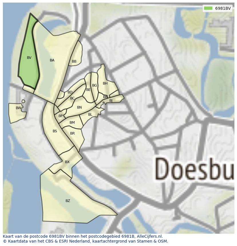 Afbeelding van het postcodegebied 6981 BV op de kaart.