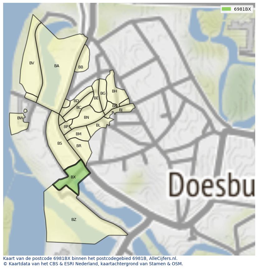 Afbeelding van het postcodegebied 6981 BX op de kaart.