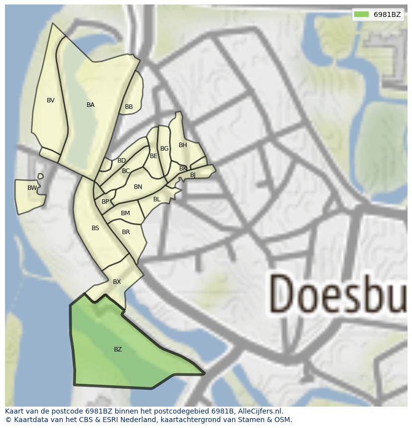 Afbeelding van het postcodegebied 6981 BZ op de kaart.