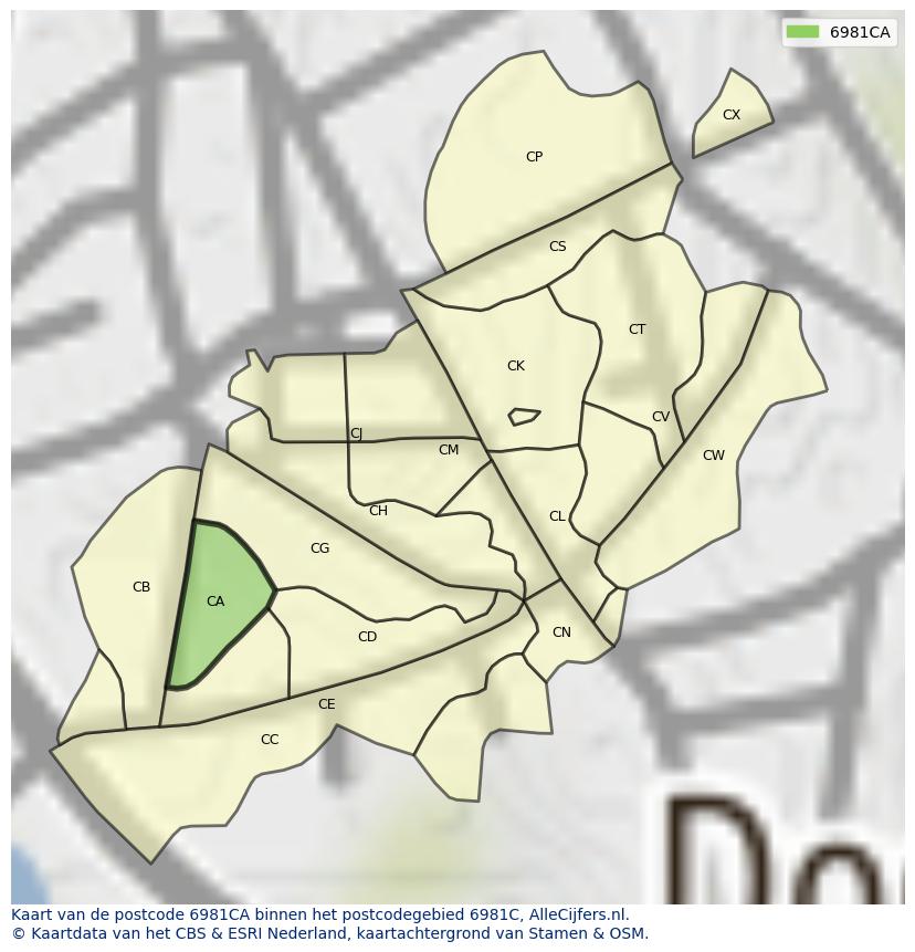 Afbeelding van het postcodegebied 6981 CA op de kaart.