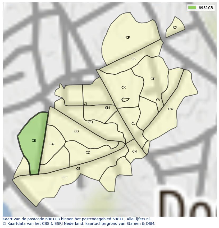 Afbeelding van het postcodegebied 6981 CB op de kaart.