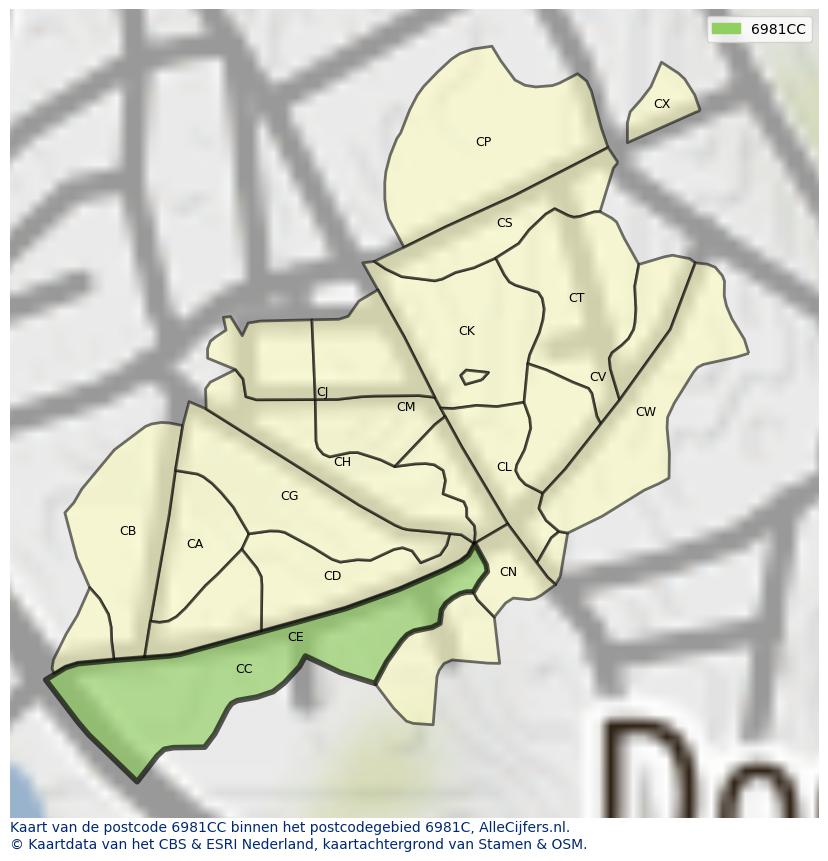Afbeelding van het postcodegebied 6981 CC op de kaart.