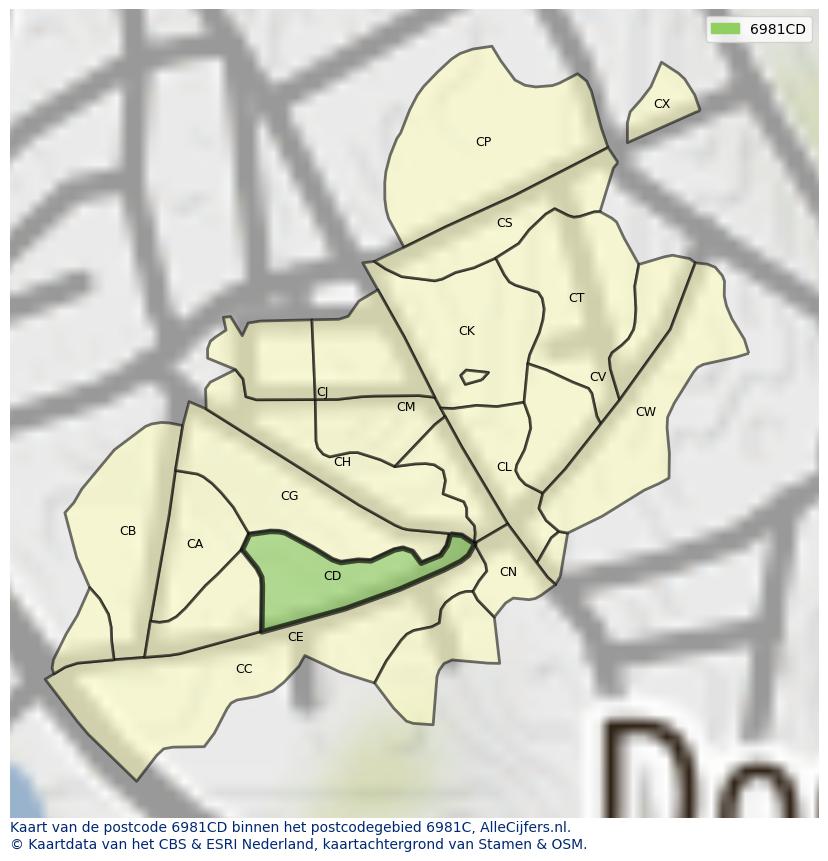 Afbeelding van het postcodegebied 6981 CD op de kaart.