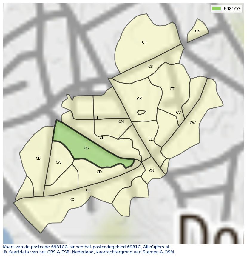 Afbeelding van het postcodegebied 6981 CG op de kaart.