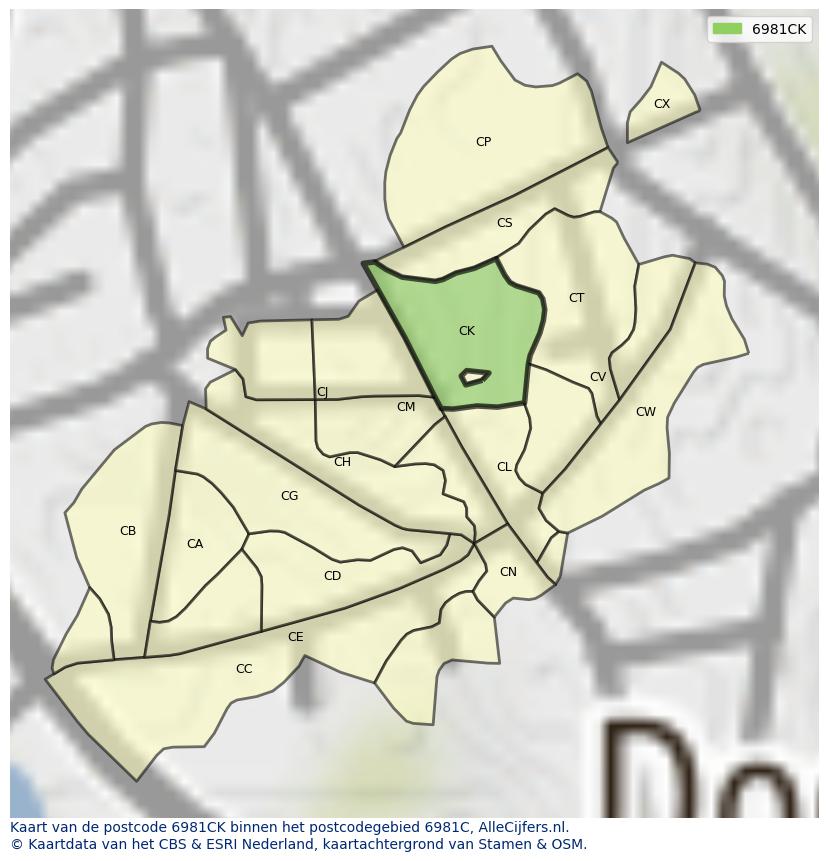Afbeelding van het postcodegebied 6981 CK op de kaart.