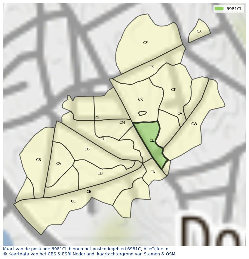 Afbeelding van het postcodegebied 6981 CL op de kaart.