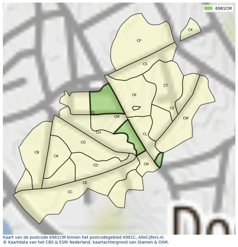 Afbeelding van het postcodegebied 6981 CM op de kaart.