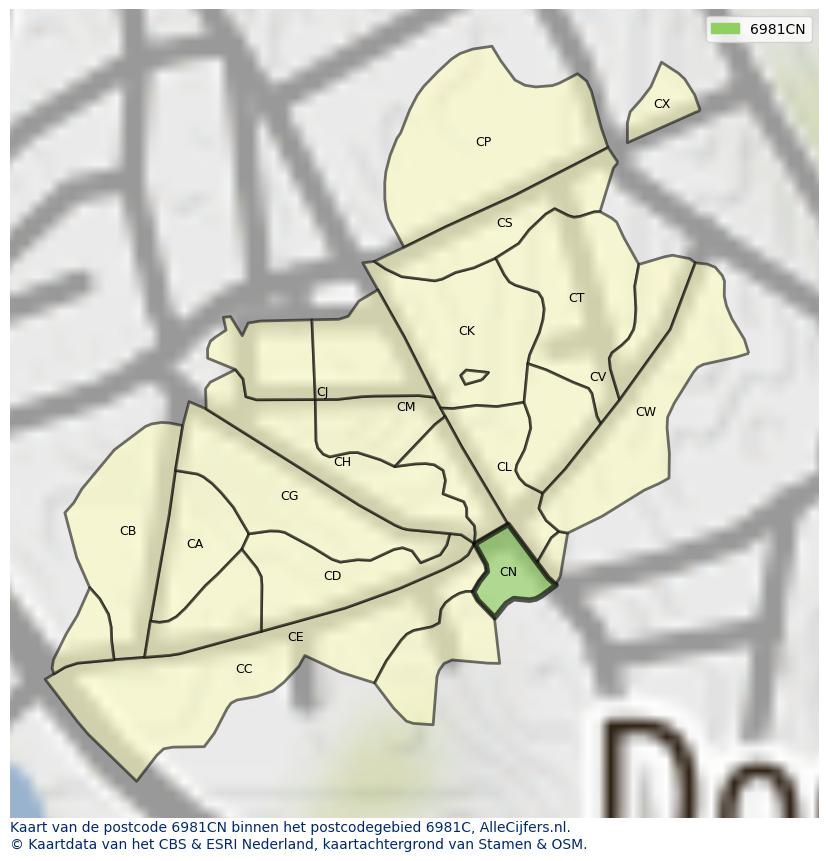 Afbeelding van het postcodegebied 6981 CN op de kaart.