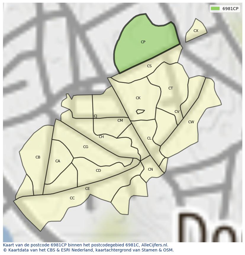 Afbeelding van het postcodegebied 6981 CP op de kaart.