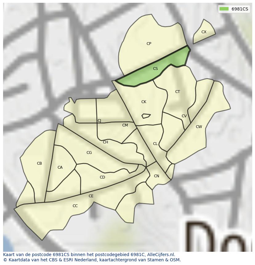 Afbeelding van het postcodegebied 6981 CS op de kaart.
