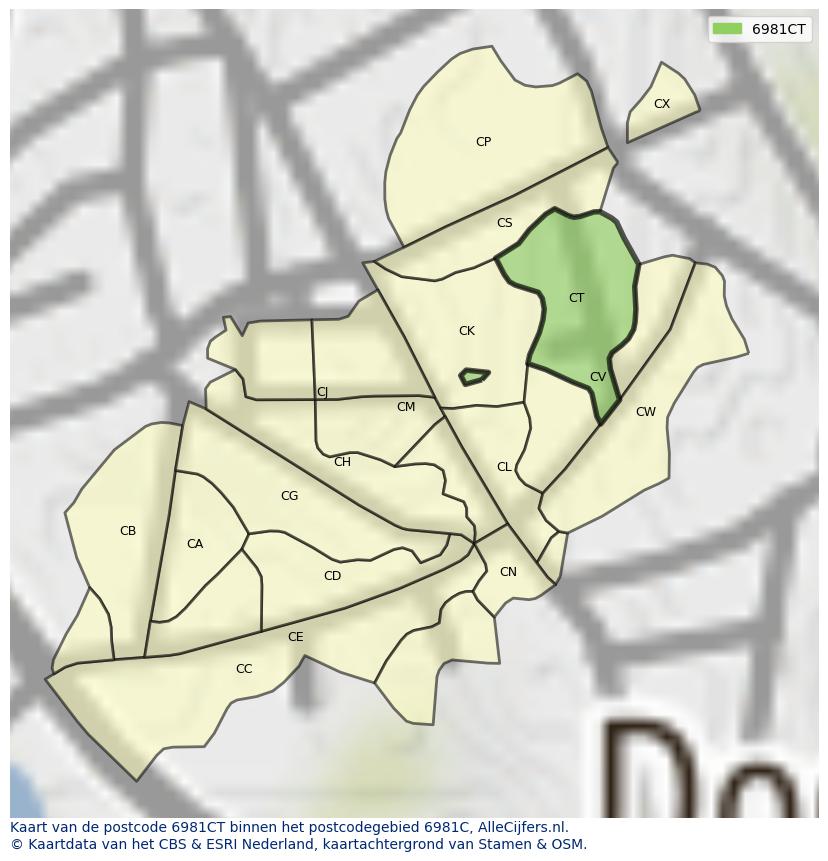 Afbeelding van het postcodegebied 6981 CT op de kaart.