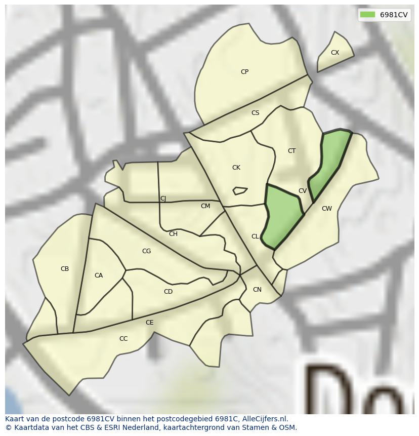 Afbeelding van het postcodegebied 6981 CV op de kaart.