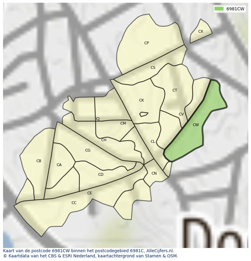 Afbeelding van het postcodegebied 6981 CW op de kaart.
