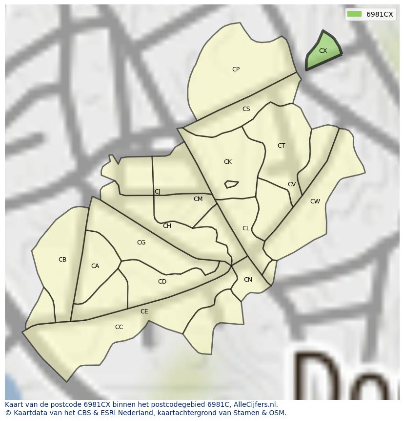 Afbeelding van het postcodegebied 6981 CX op de kaart.