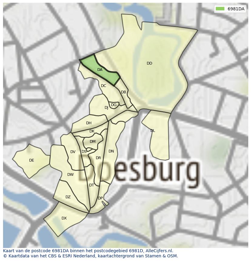 Afbeelding van het postcodegebied 6981 DA op de kaart.