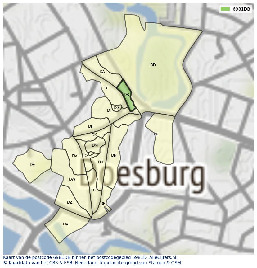 Afbeelding van het postcodegebied 6981 DB op de kaart.