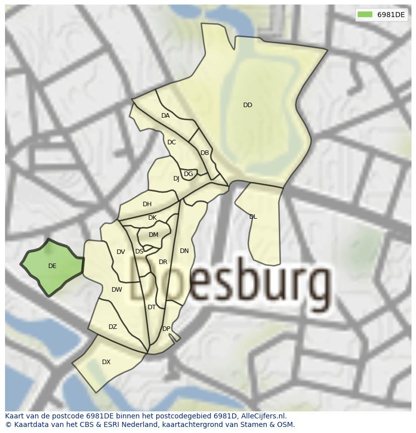 Afbeelding van het postcodegebied 6981 DE op de kaart.