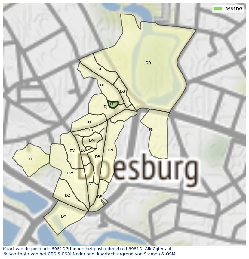 Afbeelding van het postcodegebied 6981 DG op de kaart.