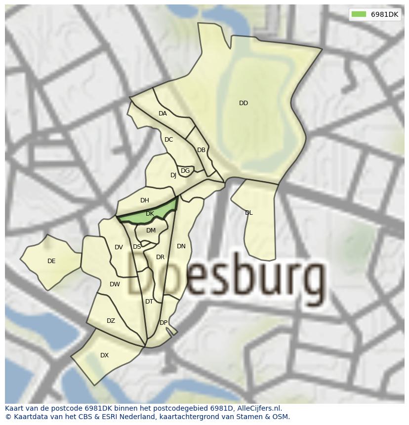 Afbeelding van het postcodegebied 6981 DK op de kaart.